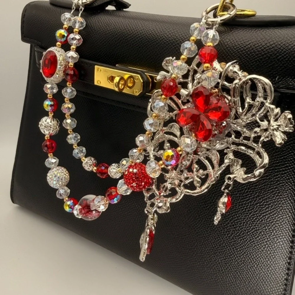 Red Silver Big Brooch Bag Charm Crystal Beaded Purse‎ Charm Rhinestone Keychain
